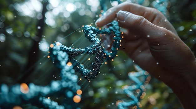 Photo doctor touching dna structure or strain helix genetics and medical science human dna molecule chain