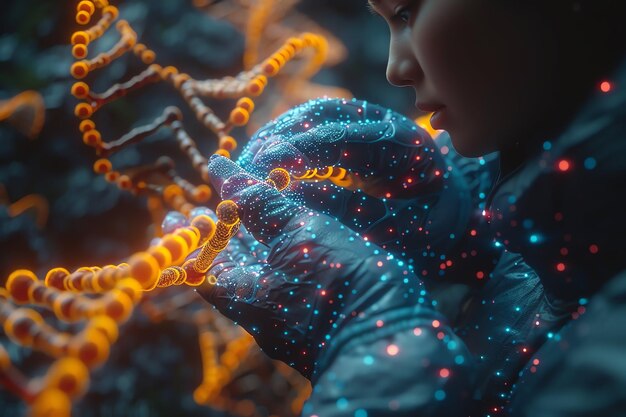 Photo doctor touching dna structure or strain helix genetics and medical science human dna molecule chain