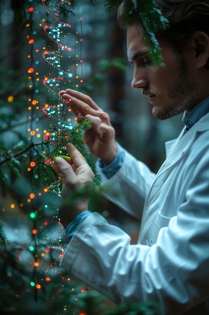 Photo doctor touching dna structure or strain helix genetics and medical science human dna molecule chain