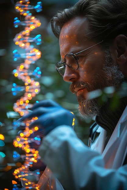 Photo doctor touching dna structure or strain helix genetics and medical science human dna molecule chain