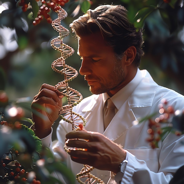 Photo doctor touching dna structure or strain helix genetics and medical science human dna molecule chain