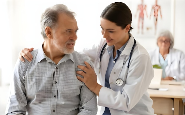 A doctor touching a mans shoulder