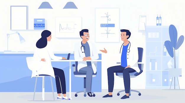 A doctor and two patients sit around a table in an examination room