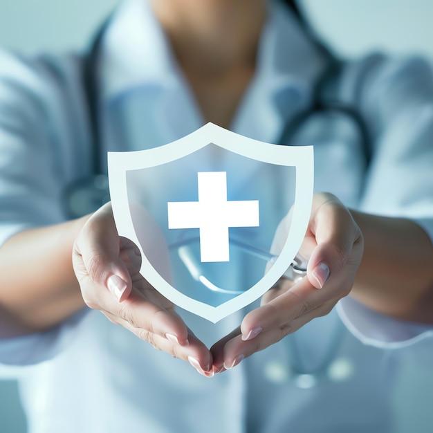 Photo doctor in uniform holding technology or medical symbol hospital or clinic background and copy space