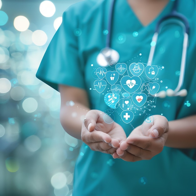 Photo doctor in uniform holding technology or medical symbol hospital or clinic background and copy space