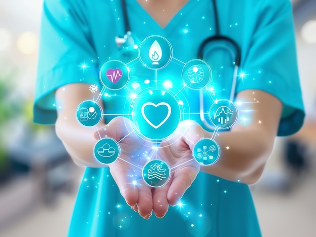 Doctor in uniform holding technology or medical symbol Hospital or clinic background and copy space