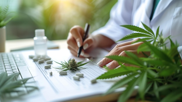 Doctor Updating Medical Records With Cannabis Plant in the Background