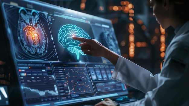 A doctor using a holographic interface to review a patients brain scan results