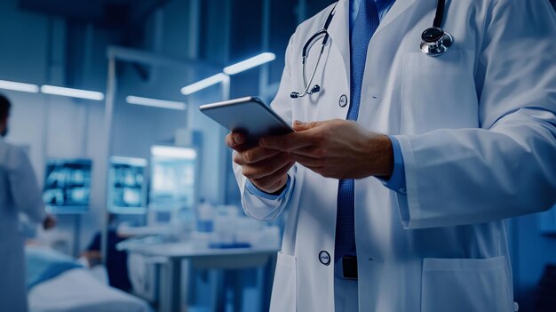 Photo a doctor using a smart device to input patient data in a clinic