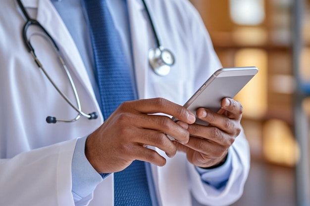 Doctor using smartphone closeup of hands