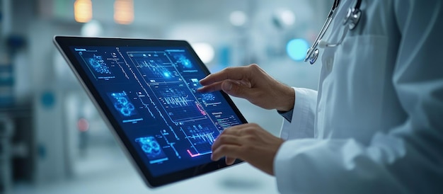 Photo doctor using tablet in modern hospital