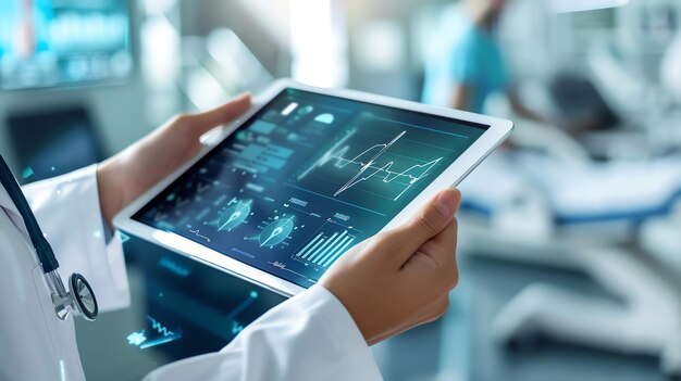 Photo doctor using a tablet with medical data and charts