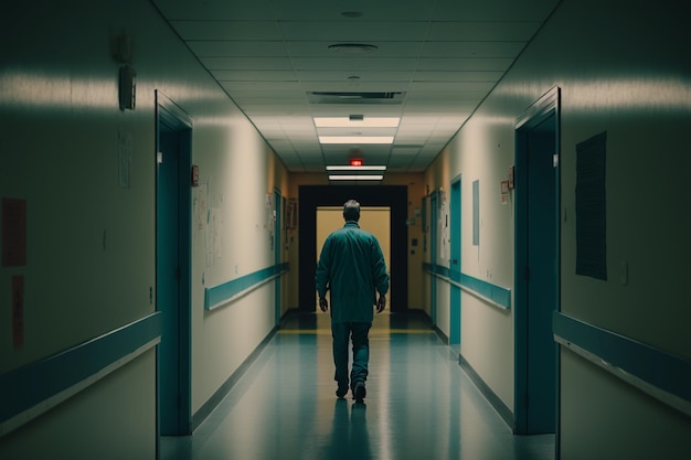 The doctor walks along the empty corridor of the hospital back view illustration Generative AI