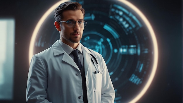 Photo a doctor wearing glasses and a lab coat stands in a futuristic laboratory