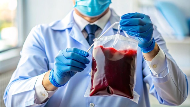 Photo a doctor wearing a lab coat is holding a red liquid