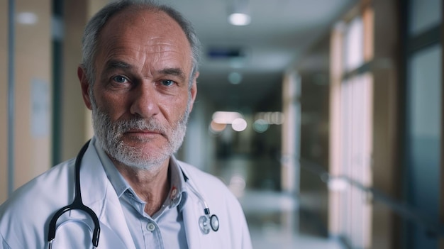 The doctor wearing lab coat and stethoscope inside hallway of hospital aig