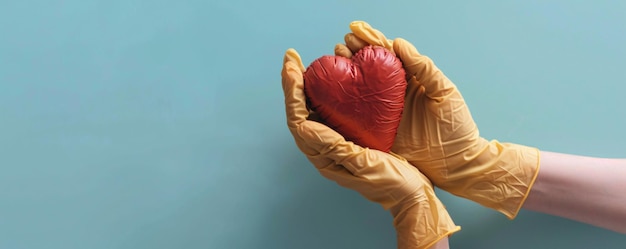 Doctor wearing latex gloves holding a red heart health insurance cardiology concept