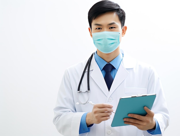 a doctor wearing a mask and stethoscope is holding a clipboard