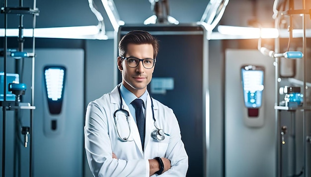 Doctor wearing medical equipment with copy space