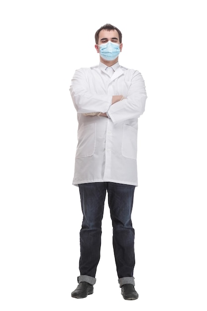 Doctor wearing protective latex gloves and face mask Front view of man's face wearing a medical mask