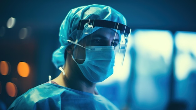 Doctor wearing a protective mask prepares for surgery