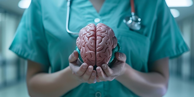 Photo a doctor wearing scrubs holds a model human brain in their open hands