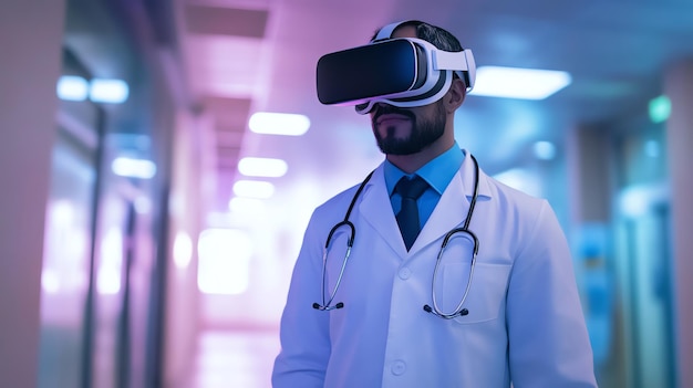 Photo a doctor wearing a vr headset stands in a hospital hallway