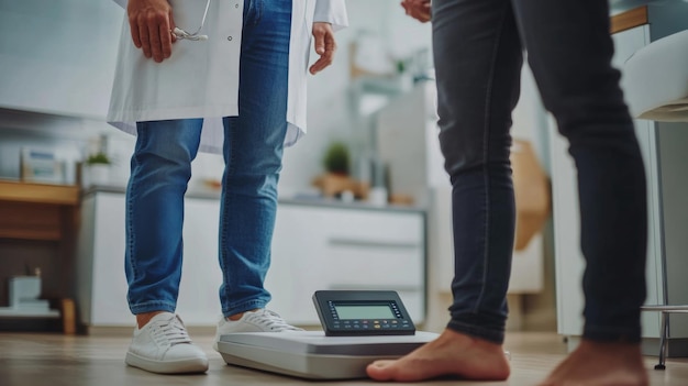 Photo doctor weighing patient