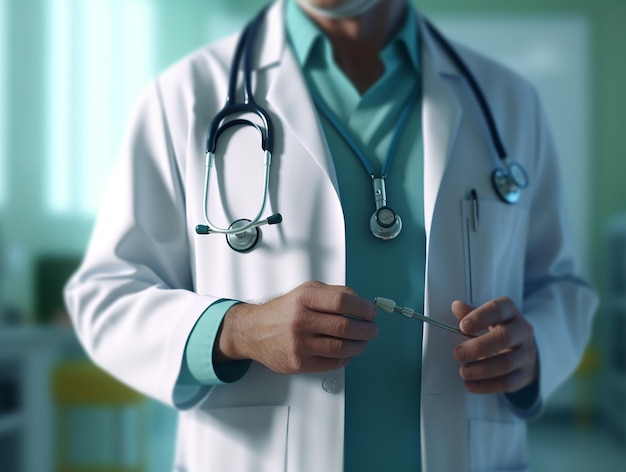 A doctor in a white coat holds a syringe in his hand.