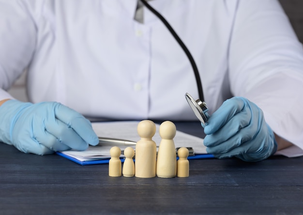 A doctor in a white coat sits at a table and a number of wooden figures of a family. Family medicine concept, insurance and treatment methods