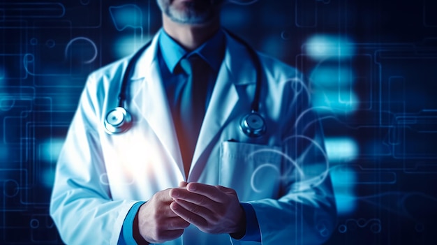 A doctor in a white coat stands in front of a screen with the words'doctor's'on it.