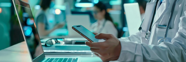 Photo a doctor in a white coat uses a smartphone while sitting at a desk in a modern office setting