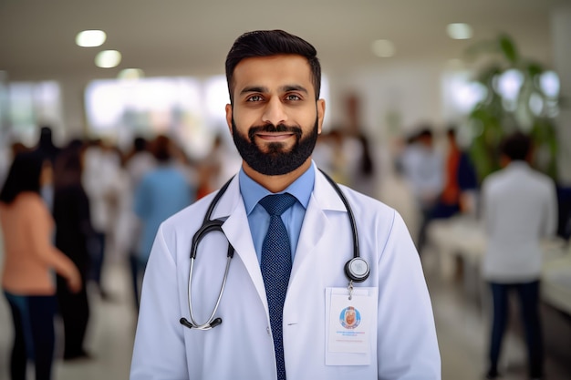 A doctor in a white coat with a stethoscope on his chest stands in a hospital.