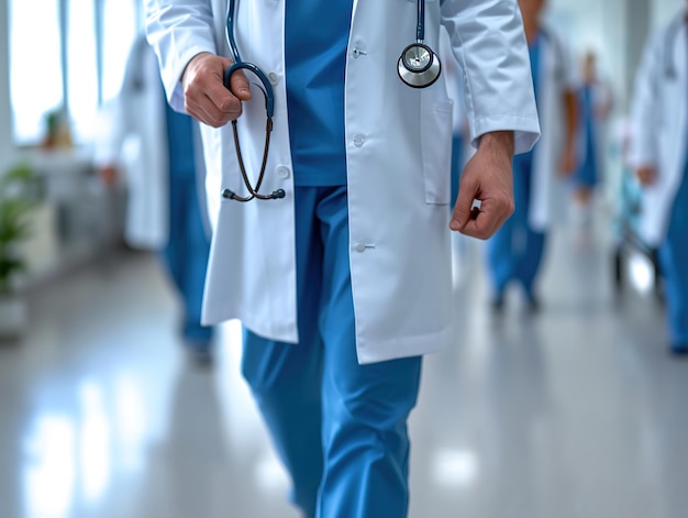 a doctor in a white lab coat is walking down the hallway