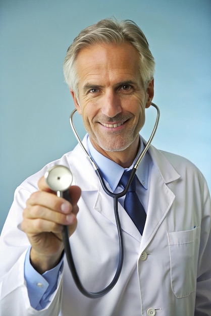 Photo doctor in a white robe holding a phonendoscope