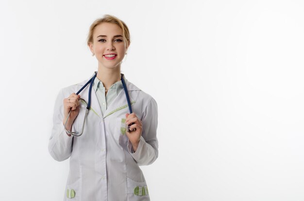 Doctor in white suit on white background