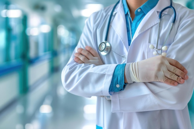 Doctor with Arms Crossed in Hospital Corridor