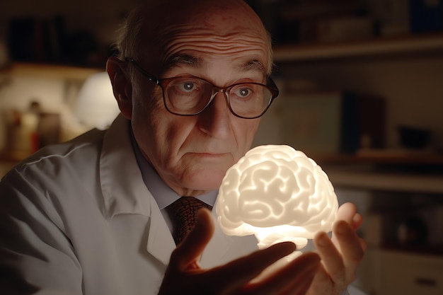 Photo doctor with brain model light focus