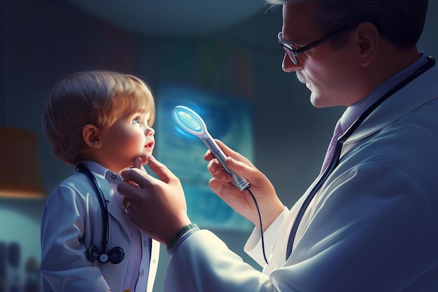 a doctor with a child in a lab coat is holding a syringe.