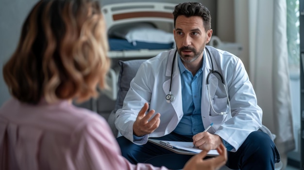 A doctor with a clipboard attentively listens to a patient during a consultation