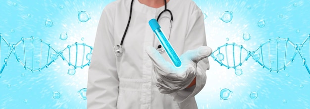 Doctor with dna 3d illustration scientist in gloves holds a blue glass with dna for advertising stem