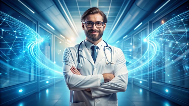 a doctor with glasses and a stethoscope on his neck stands in front of a blurred background