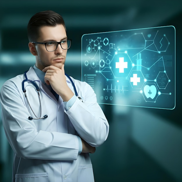 a doctor with glasses and a stethoscope on his neck stands in front of a medical background