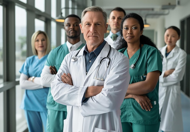 Photo a doctor with his arms crossed with other doctors in the background