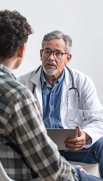 Doctor with laptop talking to patient isolated white background ar 47 style raw stylize 250 Job ID a