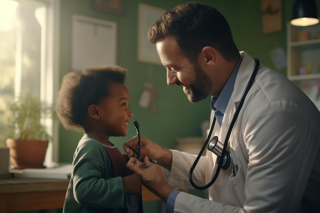 a doctor with a stethoscope on his neck and a child with a stethoscope around his neck.