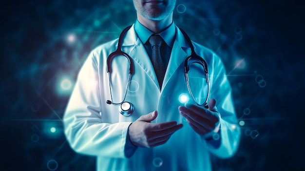 A doctor with a stethoscope on his neck holds his hands in front of a glowing background.