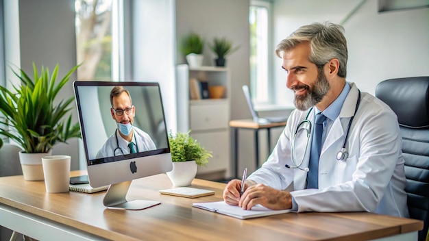 Photo doctor with stethoscope on his neck sitting at a desk with a monitor and a man in a white uniform