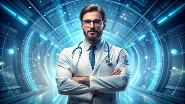 a doctor with a stethoscope on his neck stands in front of a blue background