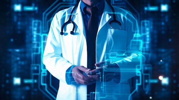 A doctor with a stethoscope on his neck stands in front of a digital display.